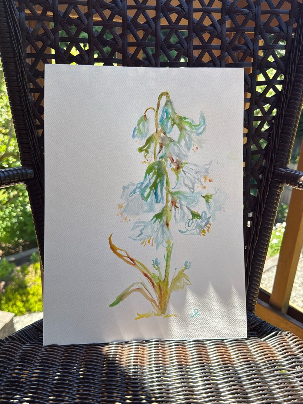 Hand-Painted Floral Watercolor Print in White and Green with Gold Accents